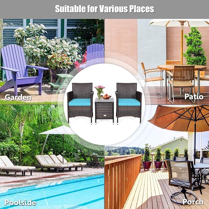 HAPPYGRILL 3-Pieces Patio Furniture Set Outdoor Rattan Wicker Conversation Set with Coffee Table Chairs & Cushions for Patio Garden Lawn Backyard Poolside