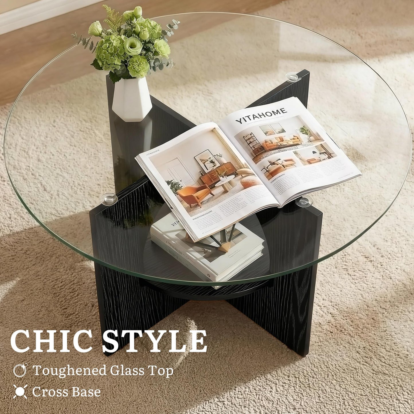YITAHOME Round Coffee Table, 2-Tier Glass Coffee Tables with Storage, Multi-Purpose Modern Center Table or Cocktail Table for Living Room, Office, Lounge, Black