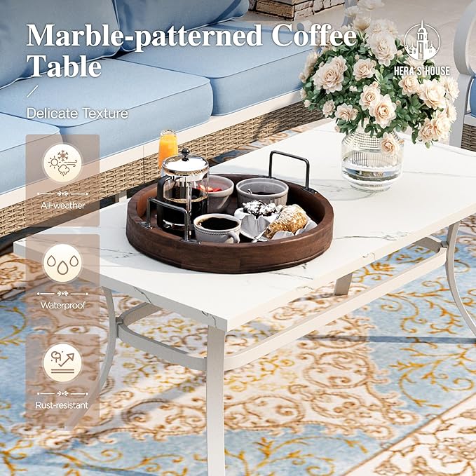 HERA'S HOUSE Patio Furniture Set with Metal & Rattan Design 4-Piece, 2 x Swivel Chairs, 1 x 3-Seat Sofa & Marble Coffee Table, All-Weather Outdoor Conversation Set for Garden Backyard Lawn, Blue