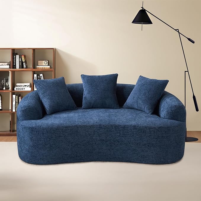 65'' Modern Curved Cloud Loveseat Sectional Sofa for Small Spaces, Luxury Plush Chenille Deep Seat Couch with 3 Pillows, No Assembly Needed Apartment Living Room Furniture, Blue