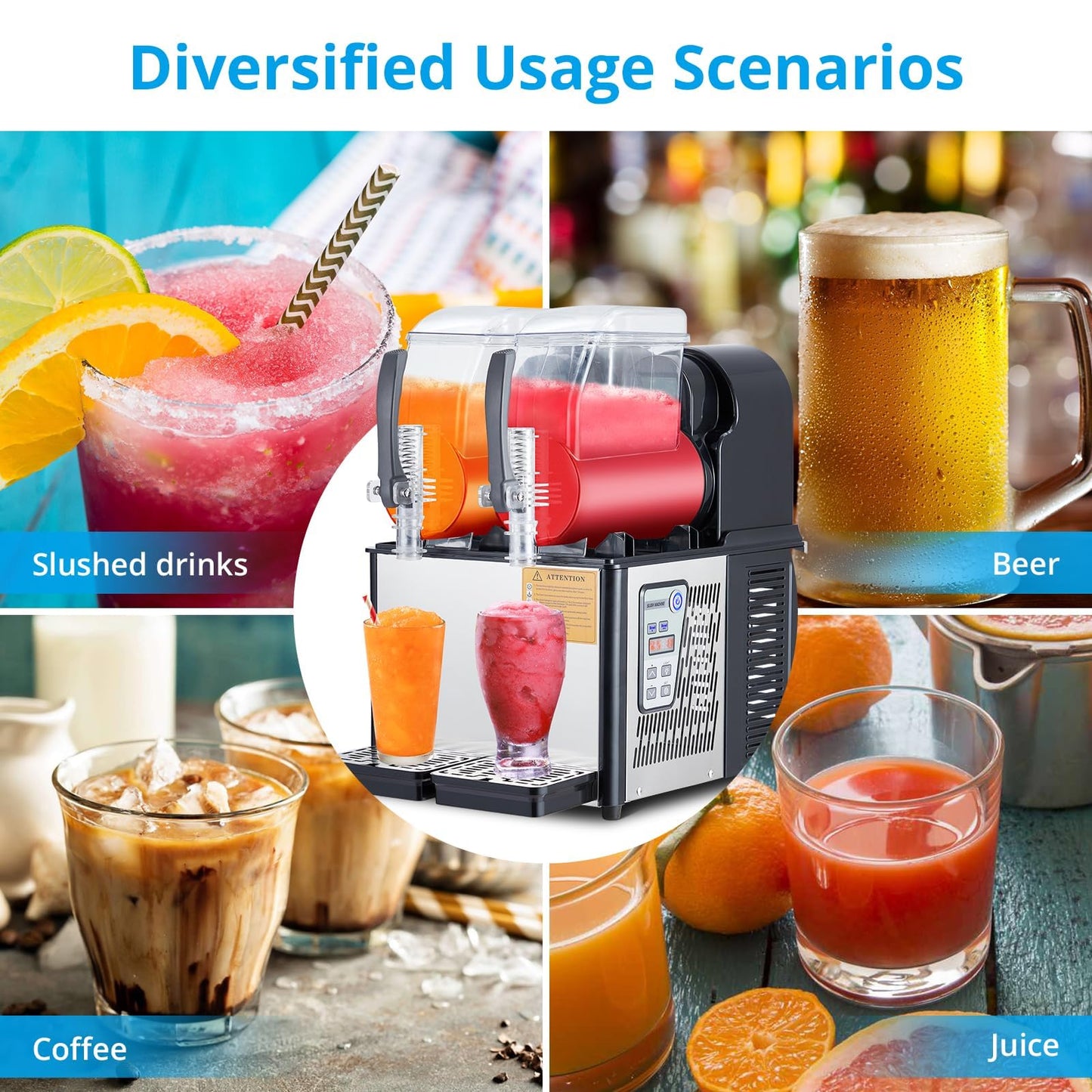 PeacefulHues Commercial Slush Machine for Frozen Drinks – Dual 4L Stainless Steel Tanks, Self-Cleaning, 370W, Ideal for Bars, Restaurants, Home – Includes Carbon Steel Wrench, 7.2L Total