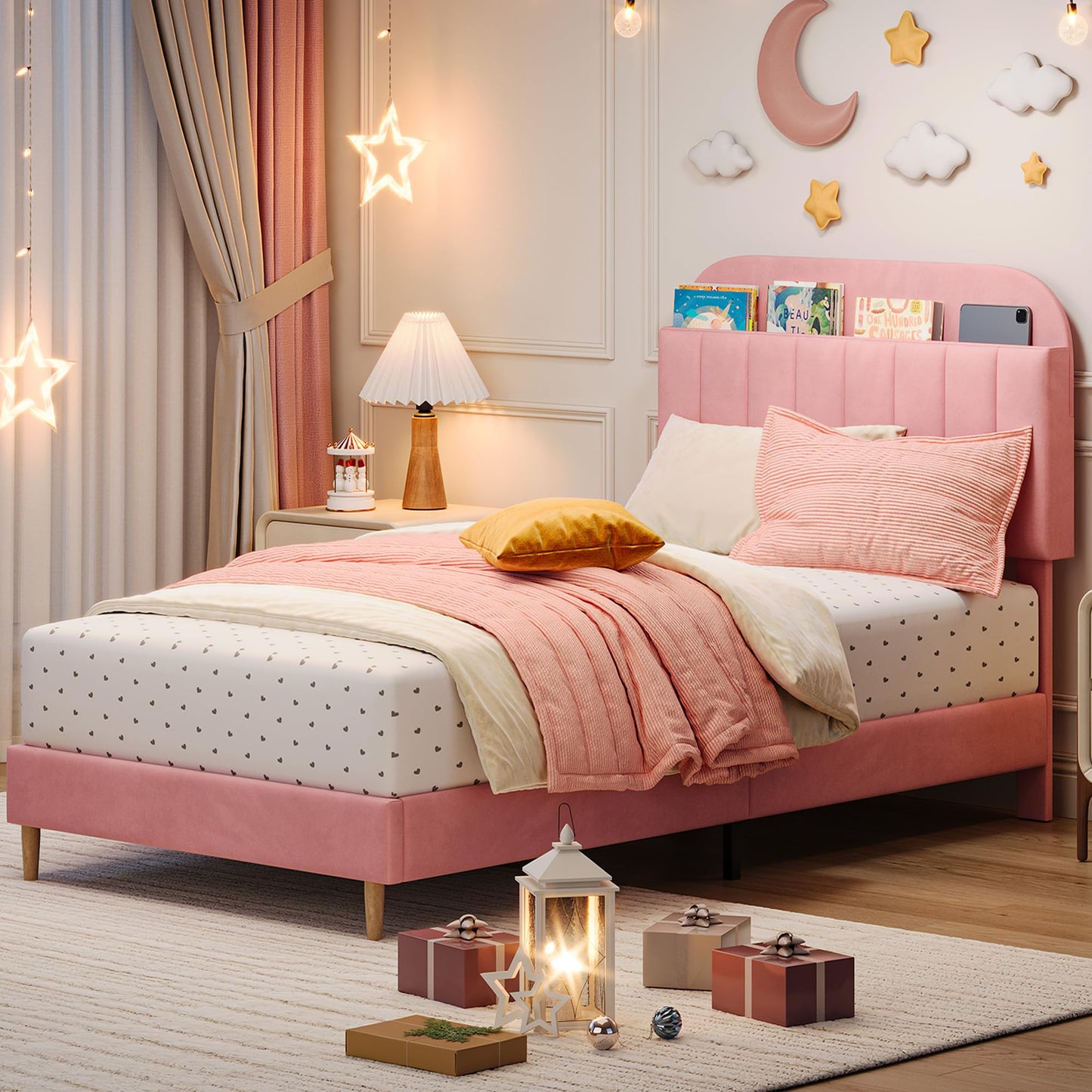 GarveeHome Twin Bed Frame with Storage Headboard, Velvet Upholstered Platform Bedframe for Kids, Girl Bed, Strong Wooden Slats, Noise-Free, Easy Assembly, No Box Spring Needed, Light Pink