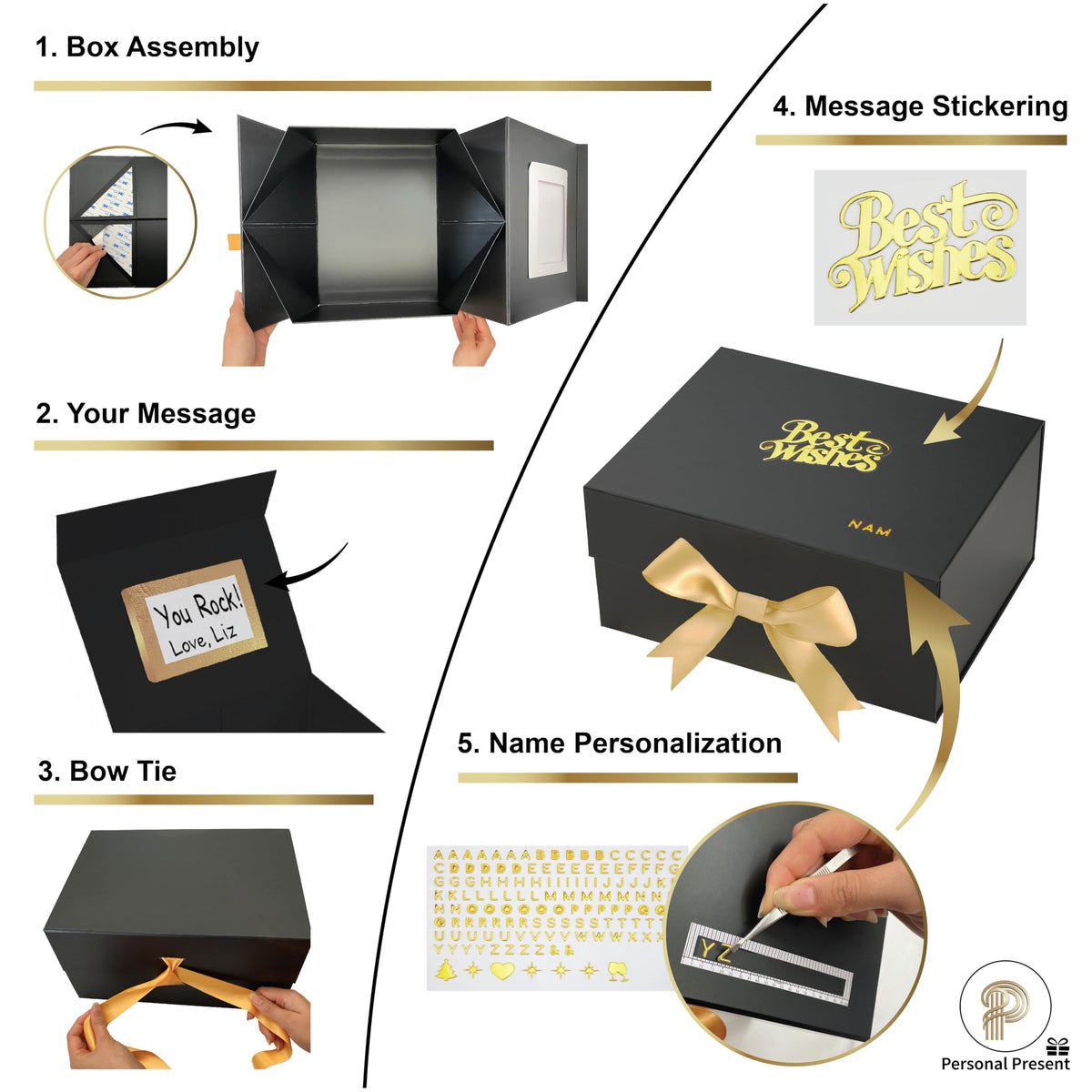 Luxury Black Personalized Gift Box XL (18x12x8"), Instant DIY Lettering Kit for Custom Names & Best Wishes message, Magnetic Lid, Ribbon