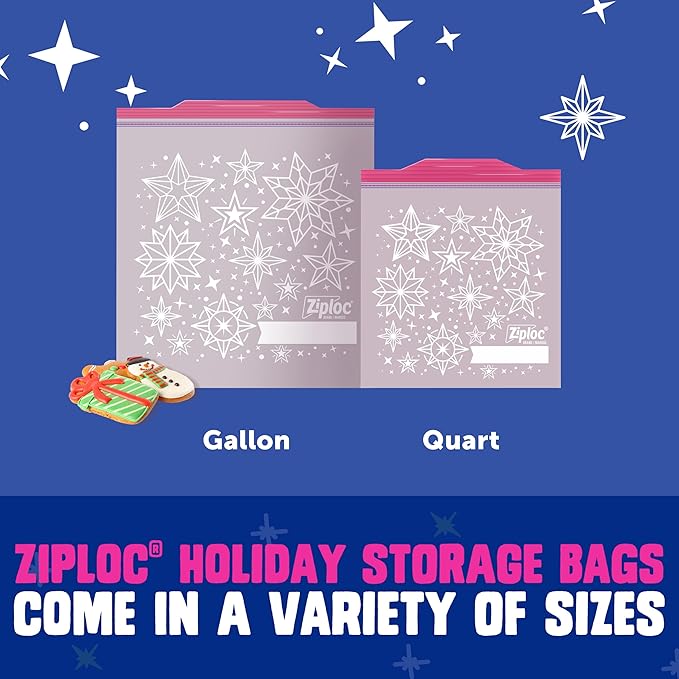Ziploc Quart Food Storage Bags, Grip 'n Seal Technology for Easier Grip, Open, and Close, 24 Count, Holiday Designs