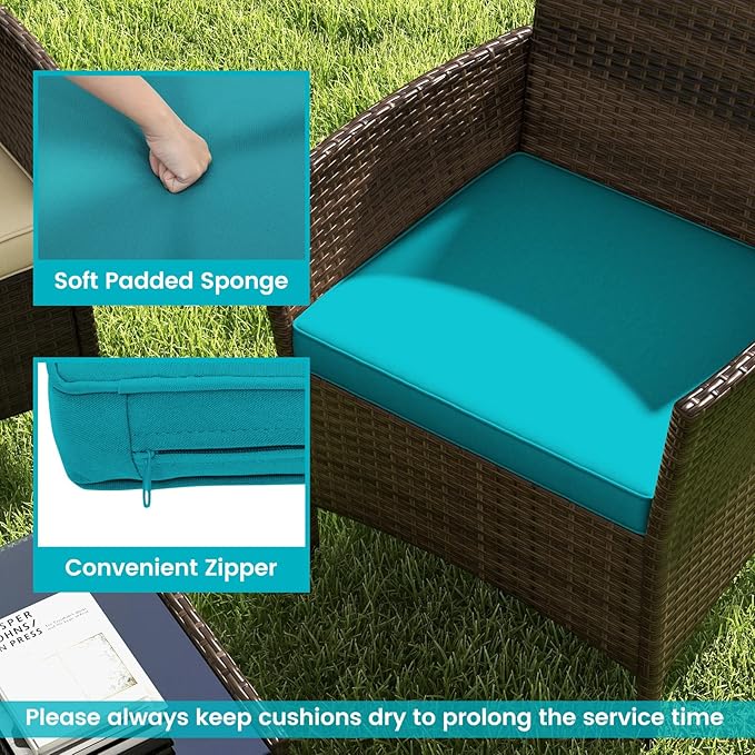 RELAX4LIFE 4-Piece Patio Furniture Set - Rattan Outdoor Conversation Bistro Set w/Cushions, Glass Coffee Table, Wicker Chairs & Loveseat for Garden Backyard Porch, Balcony Furniture Set (1, Turquoise)