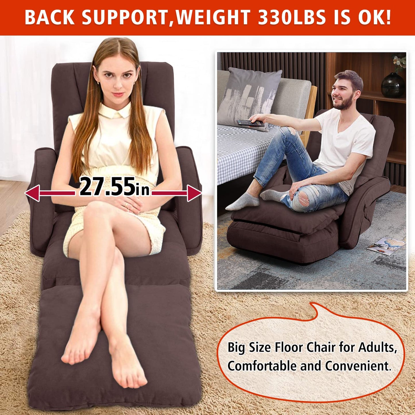 DeeLyan Foldable Lazy Sofa Bed 14-Position Adjustable Comfy Floor Chair Chaise Lounge with Armrests and Pillow with Gaming Recliner for Adults Kids with Foot Rest Futon Sofa (Brown)