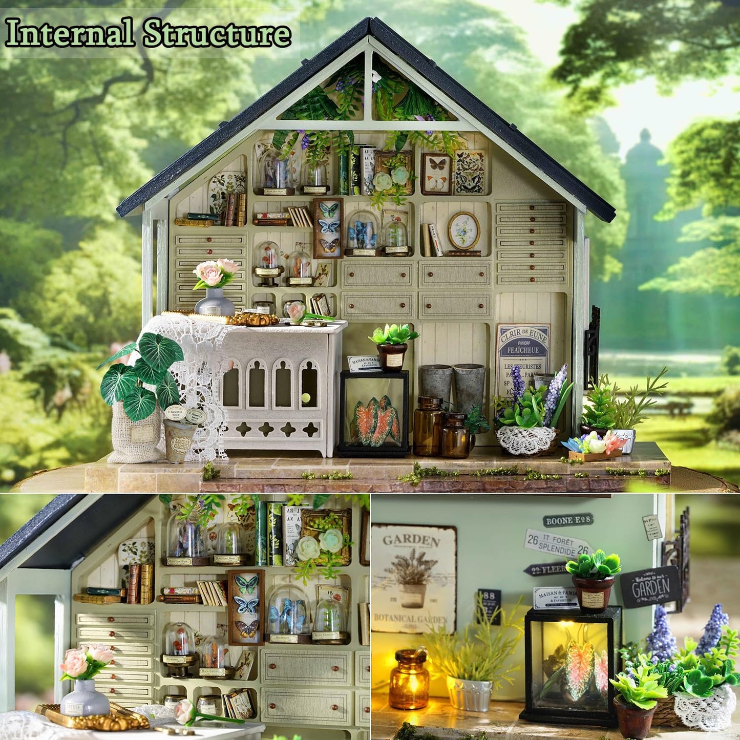 TuKIIE DIY Miniature House Kit with Furniture, 1:24 Scale Creative Room Mini Wooden Dollhouse Book Nook Plus Dust Proof & Music Movement for Kids Teens Adults(Plants Studio)