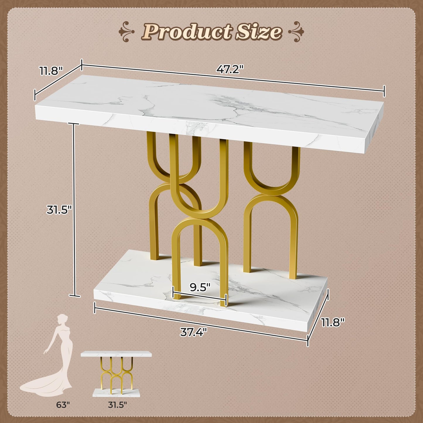 Huuger 47.2 Inch Entryway Table with Marble Top, Modern Console Sofa Table, Accent Table, for Entry, Hallway, Entrance, Foyer, U-Shaped Metal Base, White Marble & Gold