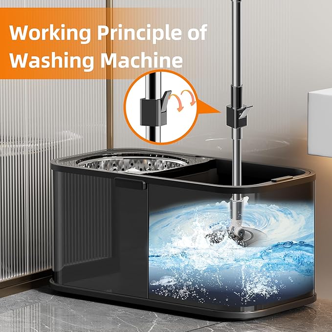 Stainless Steel Spin Mop and Bucket with Wringer Set for Home,360° Mop and Bucket with Separate Clean and Dirty Water,Wet Dust Mop for Floor Cleaning with Extra Refills (Black)