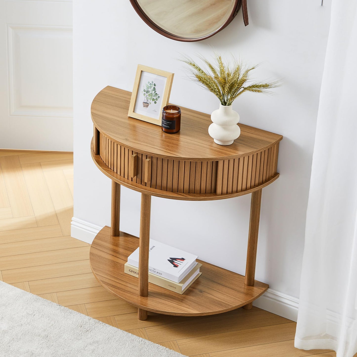 Entryway Table, Half Moon Fluted Console Tables with Storage, Mid Century Modern Small Half Round Sofa Tables for Hallway, Narrow Curved Accent Decor Table for Living Room (Mid-Century Modern, Walnut)