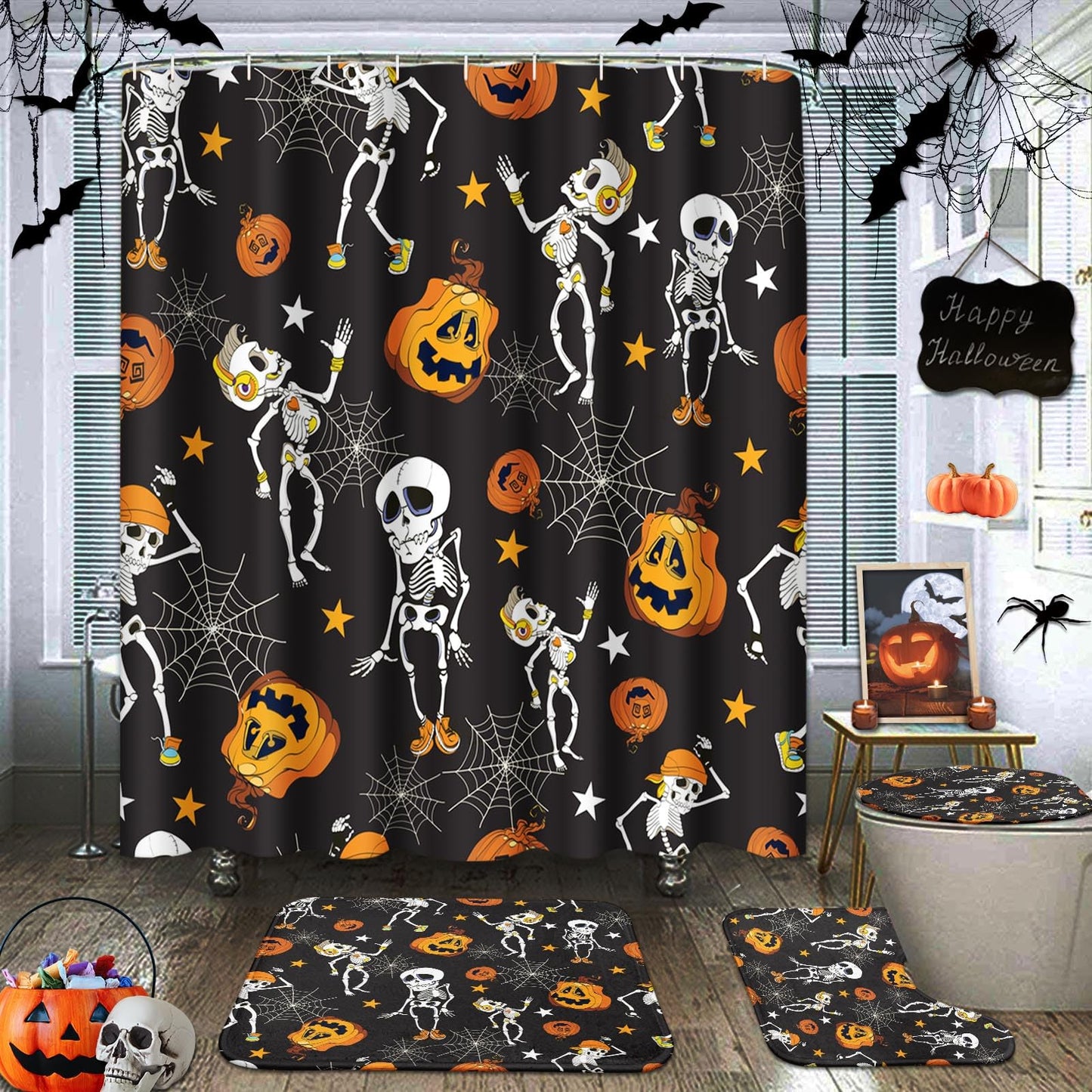 Tayney Haloween Pumpkins Shower Curtain Set with Toilet Lid Cover and Non-Slip Rugs, Dancing Halloween Skeletons and Pumpkins 4 Pcs Shower Curtains for Bathroom, Holiday Funny Bathroom Decor