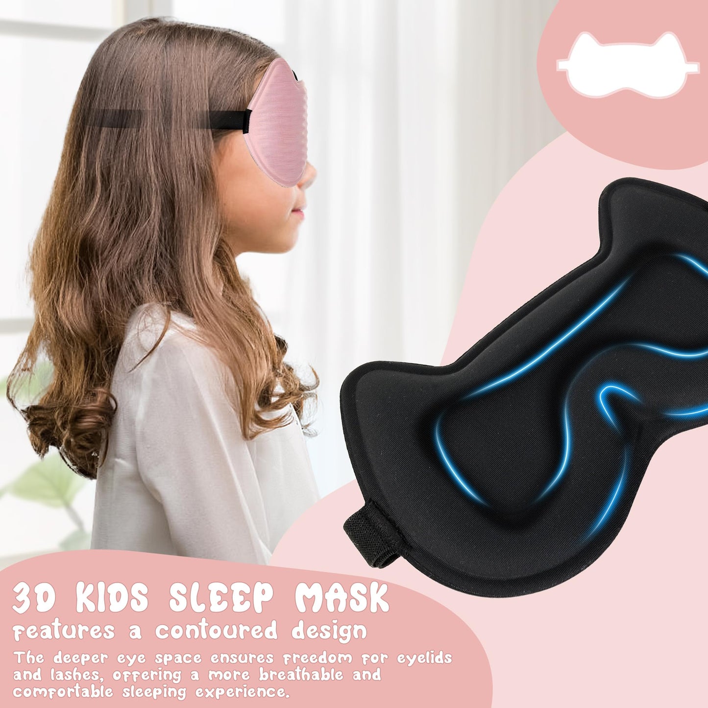 Kids Sleep Mask Eye Mask: 3D Contoured Cup Sleeping Masks, Blindfold with Adjustable Strap, Kids Eye Cover for Boys, Girls, Teens, Pressure-Free with Memory Foam Face Mask for Sleeping (Pink)