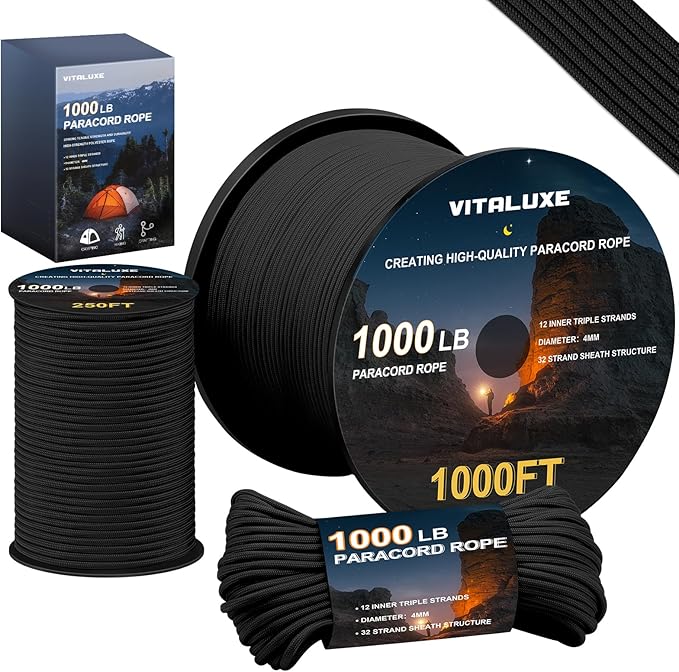 VITALUXE 1000lb Paracord Rope, 4mm 12 Triple Strands Paracord, Heavy Duty Tactical Parachute Cord for Survival Gear, Campi...