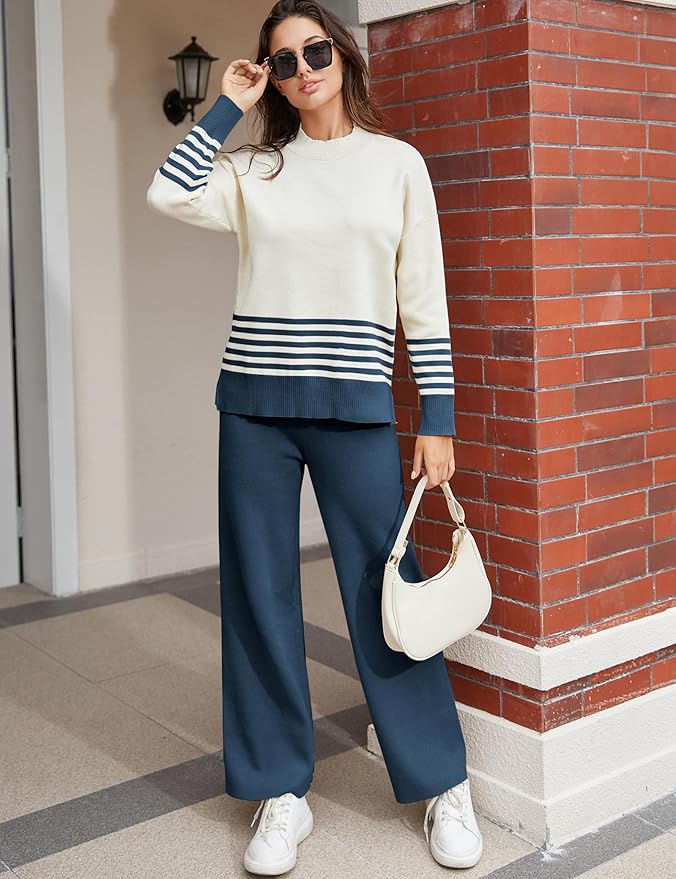 Tanming Women's Lounge Sets 2 Piece Outfits Knitted Pullover Sweater Tops Wide Leg Pants Tracksuit