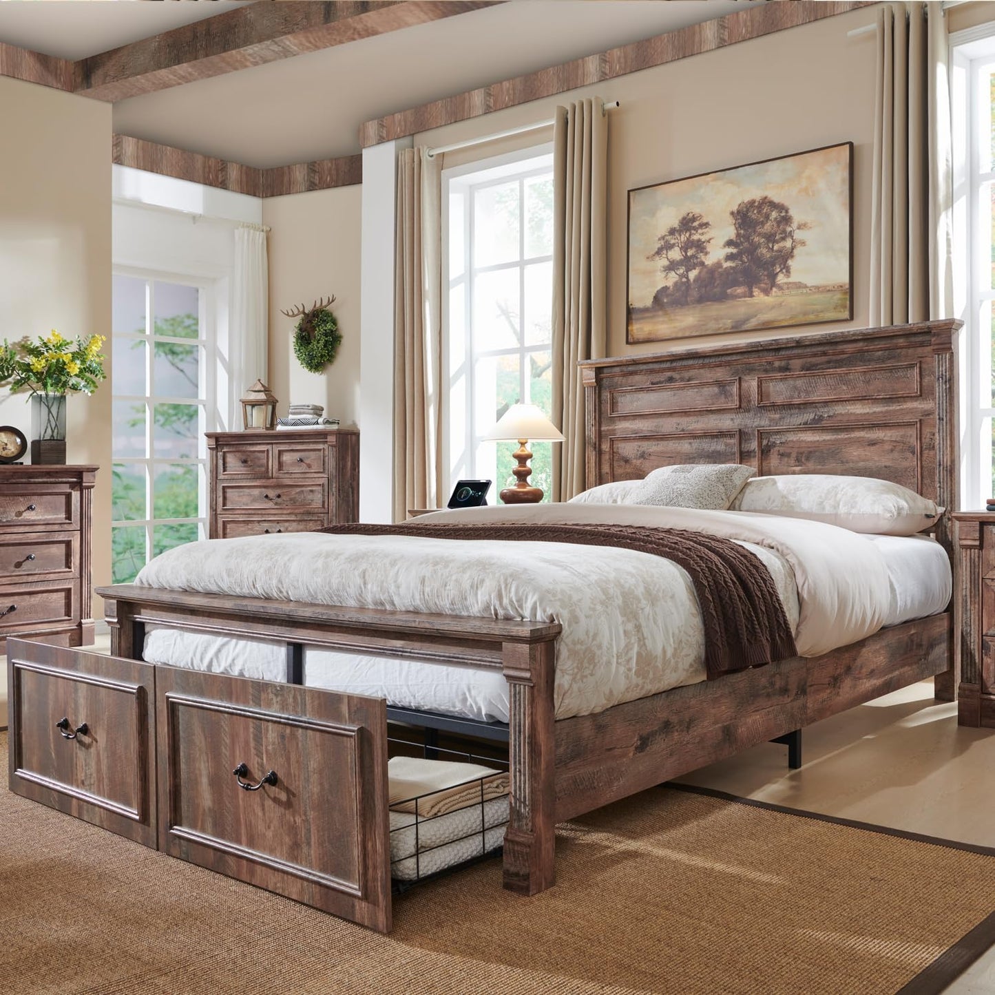 Aitjunz Farmhouse Queen Size Bed Frame with 51" Tall Headboard, Wood Platform Bed Frame with 20" Tall Roman Column Decoration Footboard & 2 Large Storage Drawers, No Box Spring Needed (Light Brown)