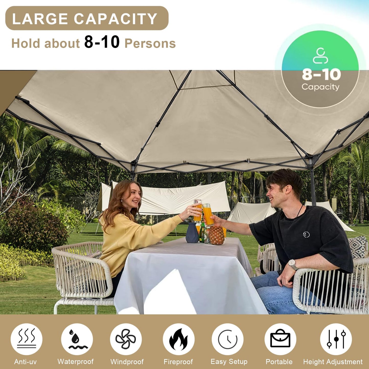 KAMPKEEPER 10x10 Pop Up Canopy Tent with 2 Sidewalls, Beach Tent - Easy Outdoor Sun Shade for Events, Parties, Camping - Gazebo with 4 Weight Bags & Carry Bag.（Khaki）