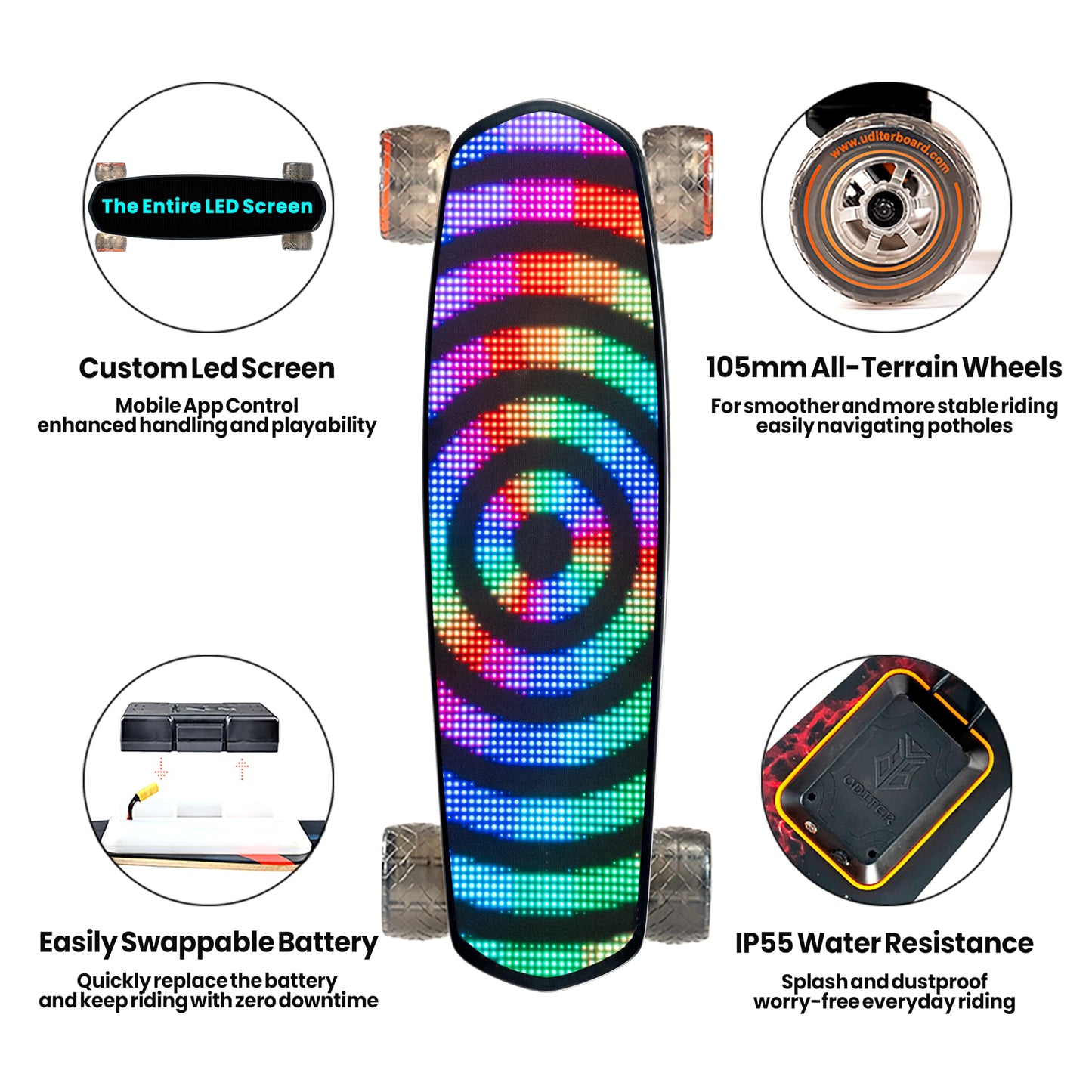 Uditer Pixel mini Electric Skateboards with LED Screen Deck, Supports Image DIY via App. 10S3P 7.8A Removable Battery/ 25 Miles Max Range/28 Mph Top Speed/2*600W for Beginners (Contains 2 batteries)