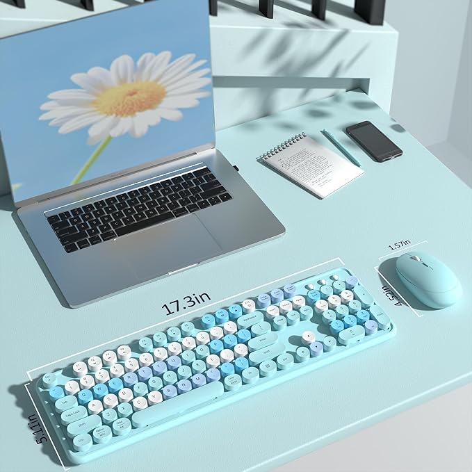 Colorful Wireless Keyboard and Mouse Combo, COVEVA 2.4GHz Wireless Retro Cute Round Keycaps Keyboard, 104 Keys Full-Sized Keyboard Mouse Set with Switch Button for PC Laptop Desktop (Blue Colorful)