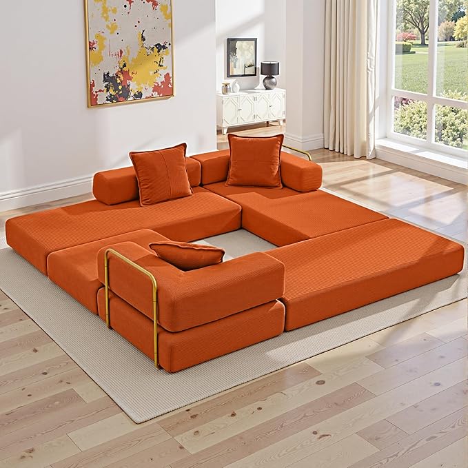 108" Oversized Convertible Sleeper Sofa Bed, Corduroy L Shape Sectional Couch, Folding Sofa Bed with Fixed-Shape Frame, Modern Cloud Floor Mattress Couch, Modular Sofa for Living Room, Orange