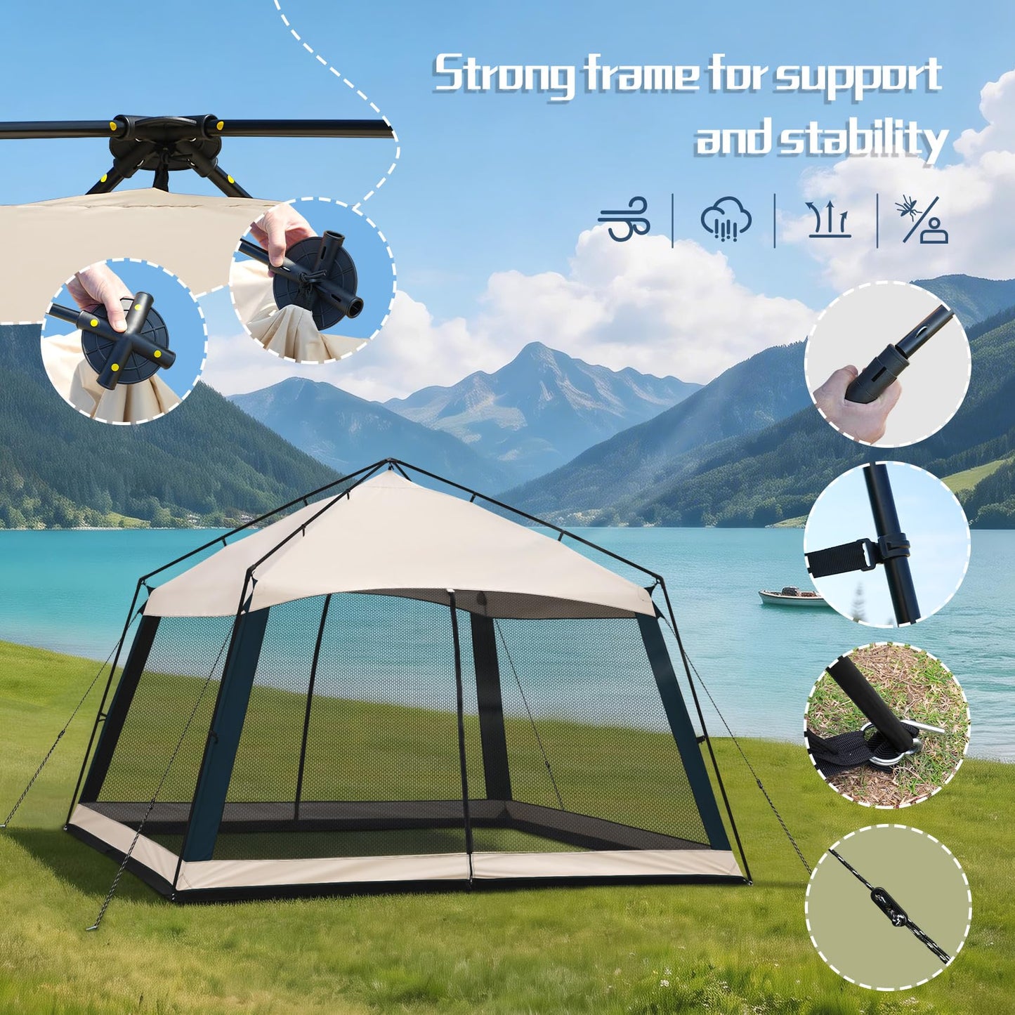 Superrella 12 x 12 FT Camping Screen Tent for 8-10 Person, Easy Setup Screen House with UV 50+ Sun Protection & Mosquito Net for Camping, Backyard, Picnic, Patio, Outdoor, Beige & Navy