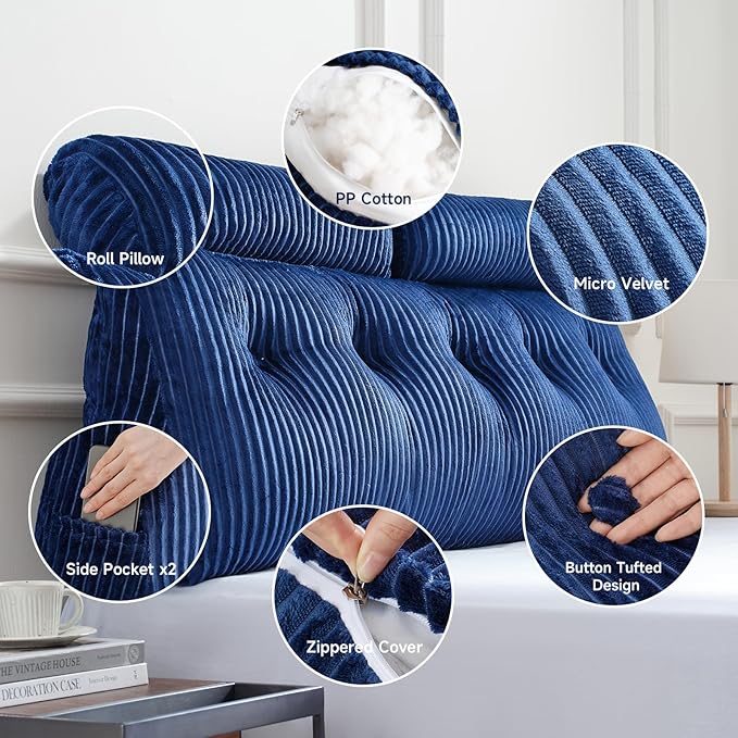 Z-hom Queen Wedge Headboard Pillow with 2 Roll Cushions, Large Reading Pillow for Bed Sitting Up, Triangular Backrest Cushion for Headboard, Ergonomic Support Pillow for Back Pain Relief, Blue