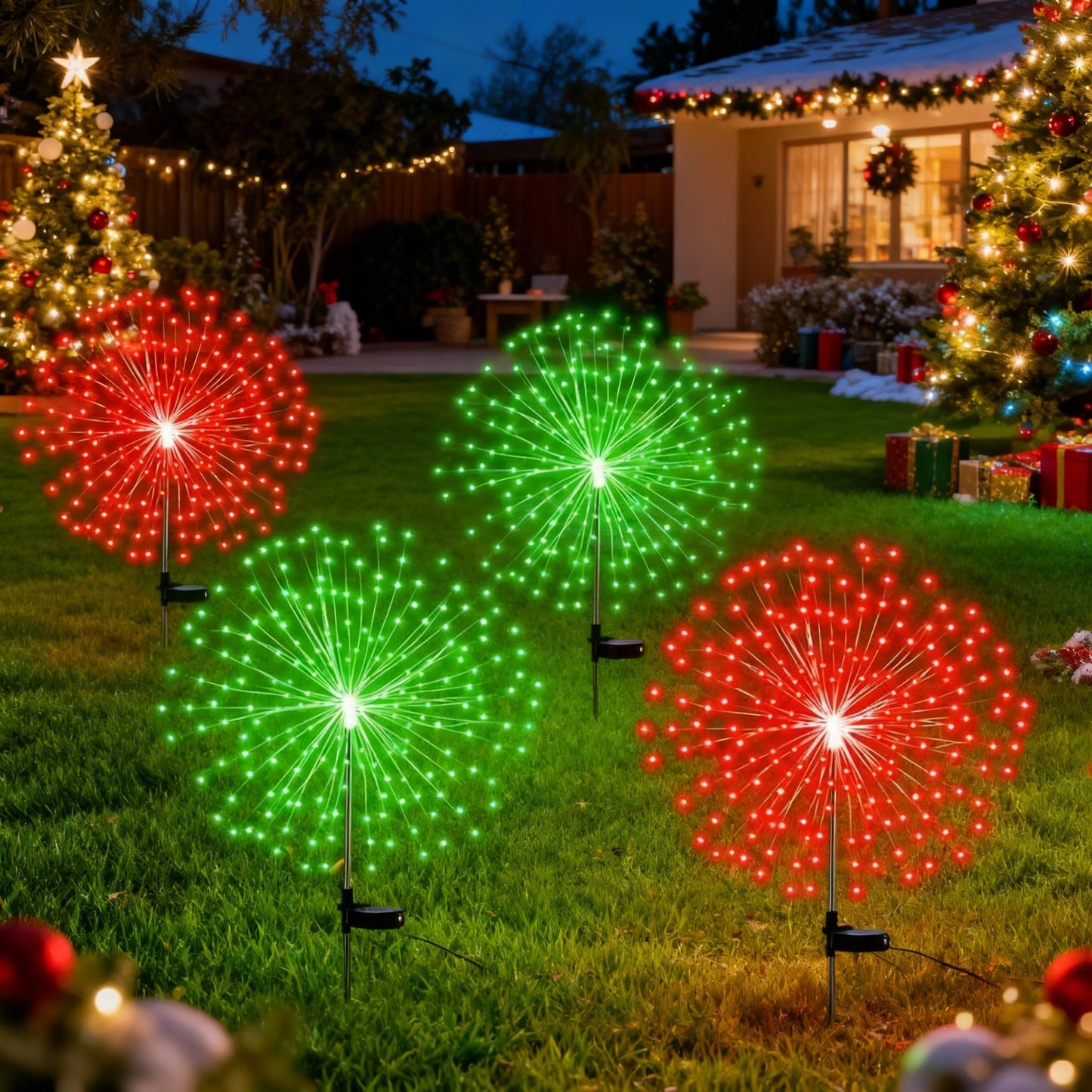 Tujoe 4 Pack Valentine's Day Solar Firework Lights Decorations Garden Pathway Solar Power Light Stake Waterproof with 180 LED 8 Modes for Valentine's Day Mardi Gras Decoration(Red Green)