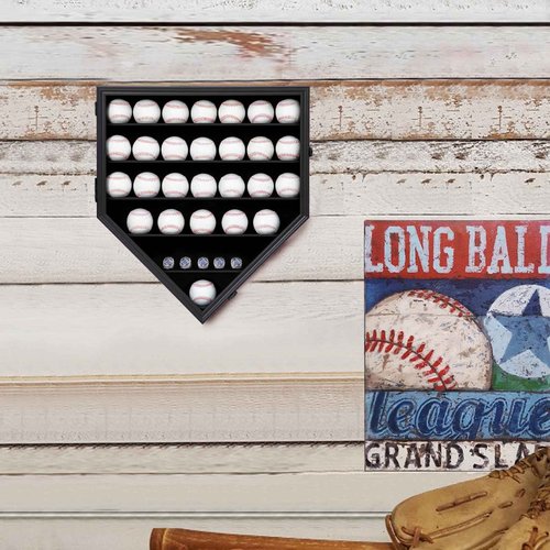 Grintus 30 Baseball Display Case Wooden Baseball Holders for Balls Display Wall Mount Baseball Shadow Box with Lockable Anti Fade UV Protection Acrylic Door for Autograph Balls Collection Storage