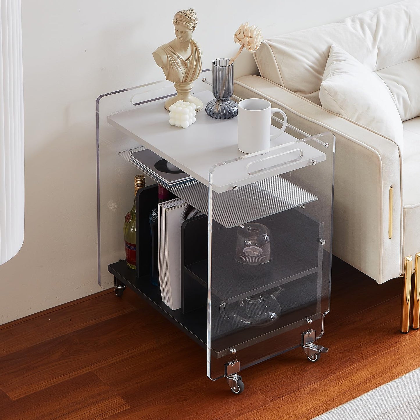 mollveesen Acrylic Record Player Stand，Vinyl Storage Holder Cabinet with Wheels，Large Turntable Stand with Shelf,Coffe Table Movable End Table Nightstand Stereo Cabinet for Living Room Bedroom Office