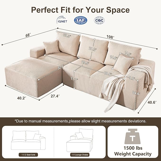 108" Modular Sectional Sofa, Compression Sofa with Deep Seat, Modular L-Shape Couch with Chaise, Upholstered Couches for Living Room Bedroom, No Assembly Required (Oat Corduroy, 108" L Shape)