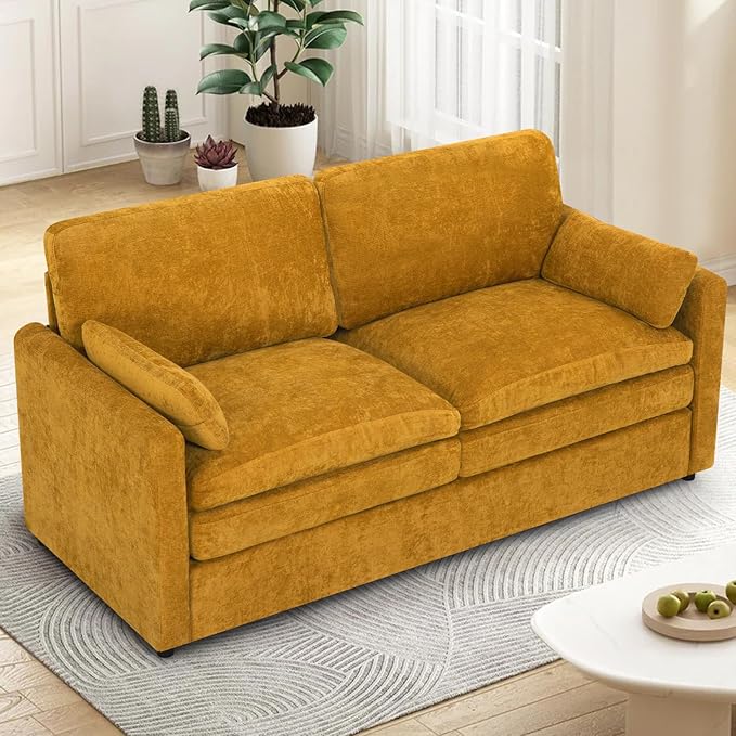 ACMEASE 69” Chenille Loveseat Sofa w/Arm Pillows, Upholstered 2-Seater Sofa w/Comfortable Back Cushions, Modern 2 Seats Couch w/High-Density Foam for Living Room, Apartment, Office, Yellow