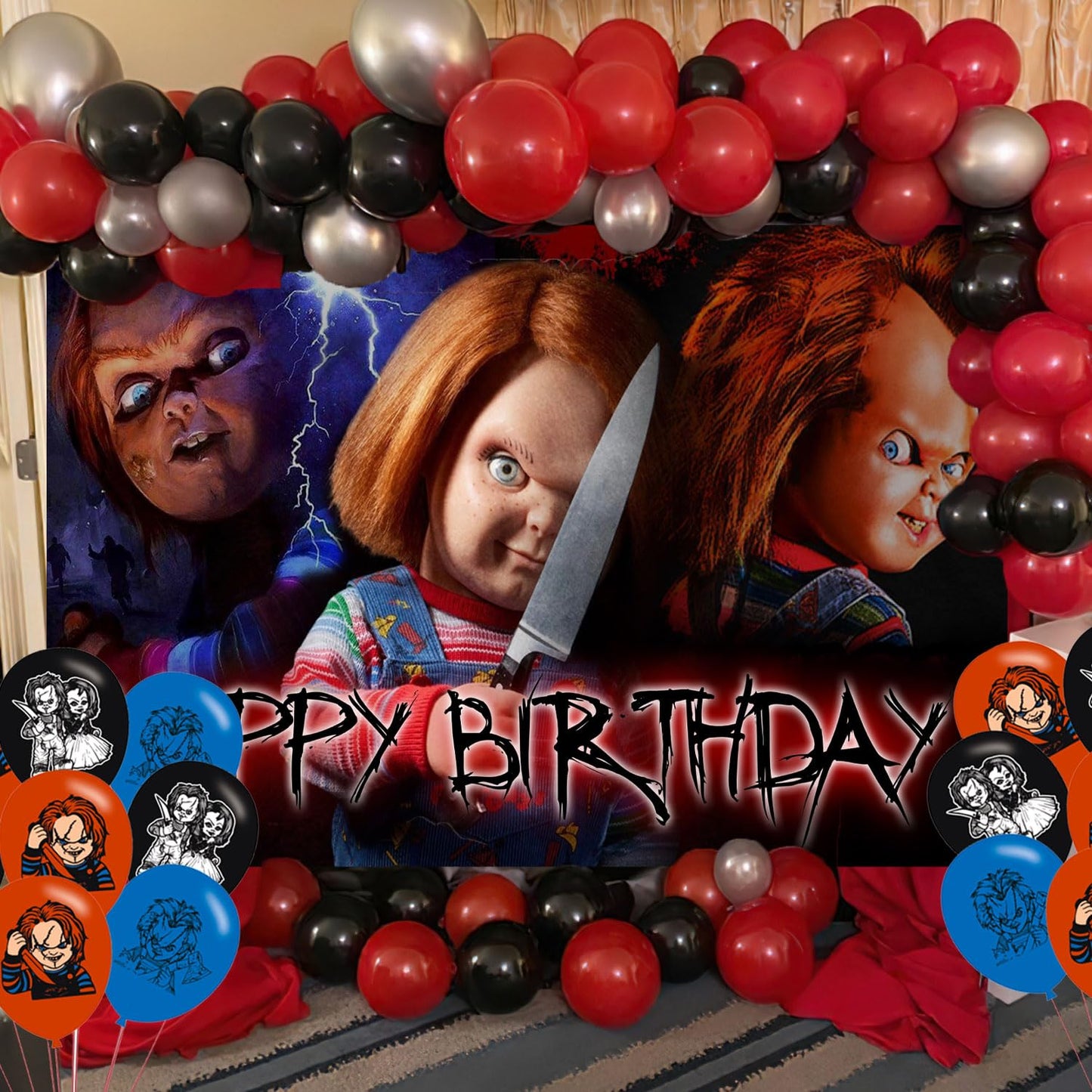 Horror Movie Birthday Party Decoration,Chucky Party Photo Background 5 x 3 FT and 18 Pcs Balloon,Horror Movie Merch Party Backdrop Supplies