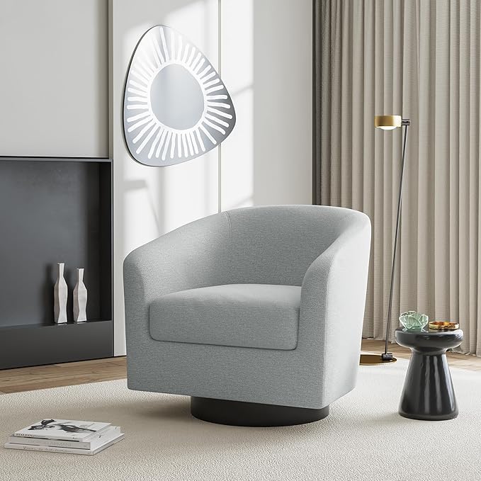UIXE Swivel Accent Chair, Chenille Barrel Chairs Upholstered Armchair for Living Room, Modern Round Arm Chair Small Single Sofa Bedroom Reading Seat - Light Gray