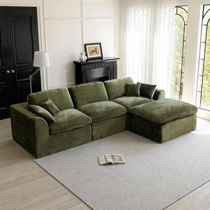 115''Cloud Sectional Couch, Modern L-Shape Sofa with Ottoman, Oversized Convertible 3 Seater Modular Couches for Living Room, Forest Green