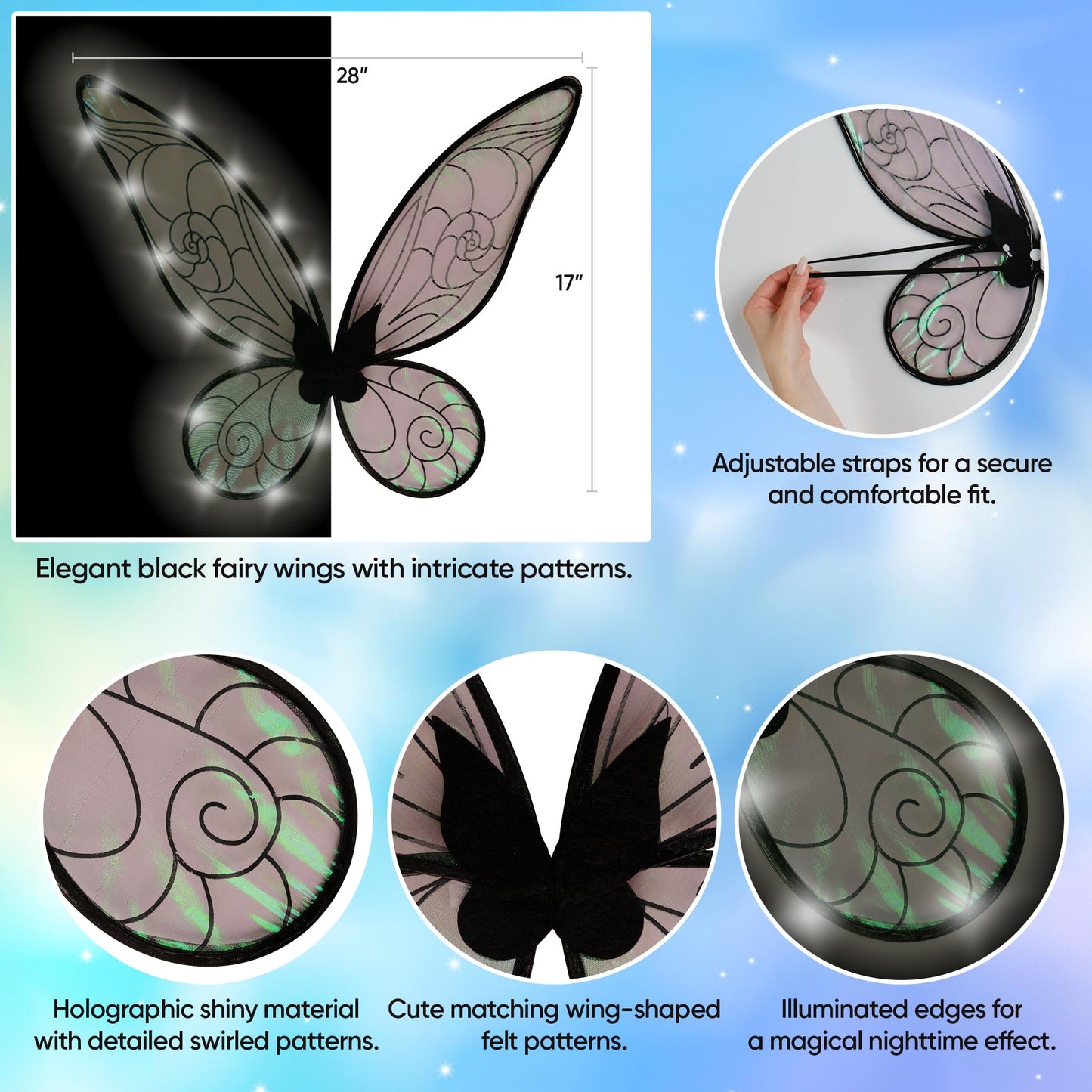 Funcredible Fairy Costume For Women and Girls - Black Light Up Fairy Wings and Flower Crown, Glitter - Butterfly Wings - Tooth Fairy Cosplay Outfit - Halloween Costumes for Women