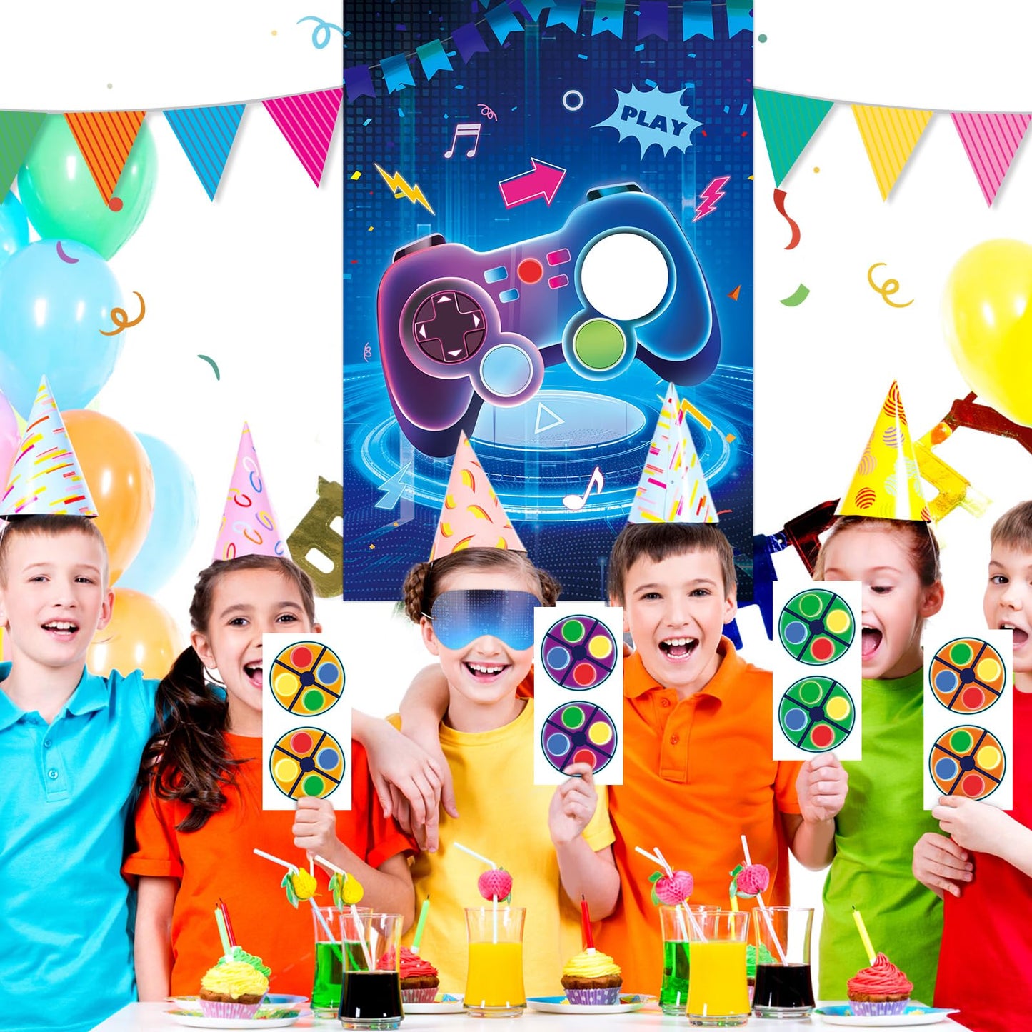 Hooqict Pin The Button on The Video Game Birthday Party Games for Kids - Large Poster with 36 Button Stickers - Party Decorations and Supplies