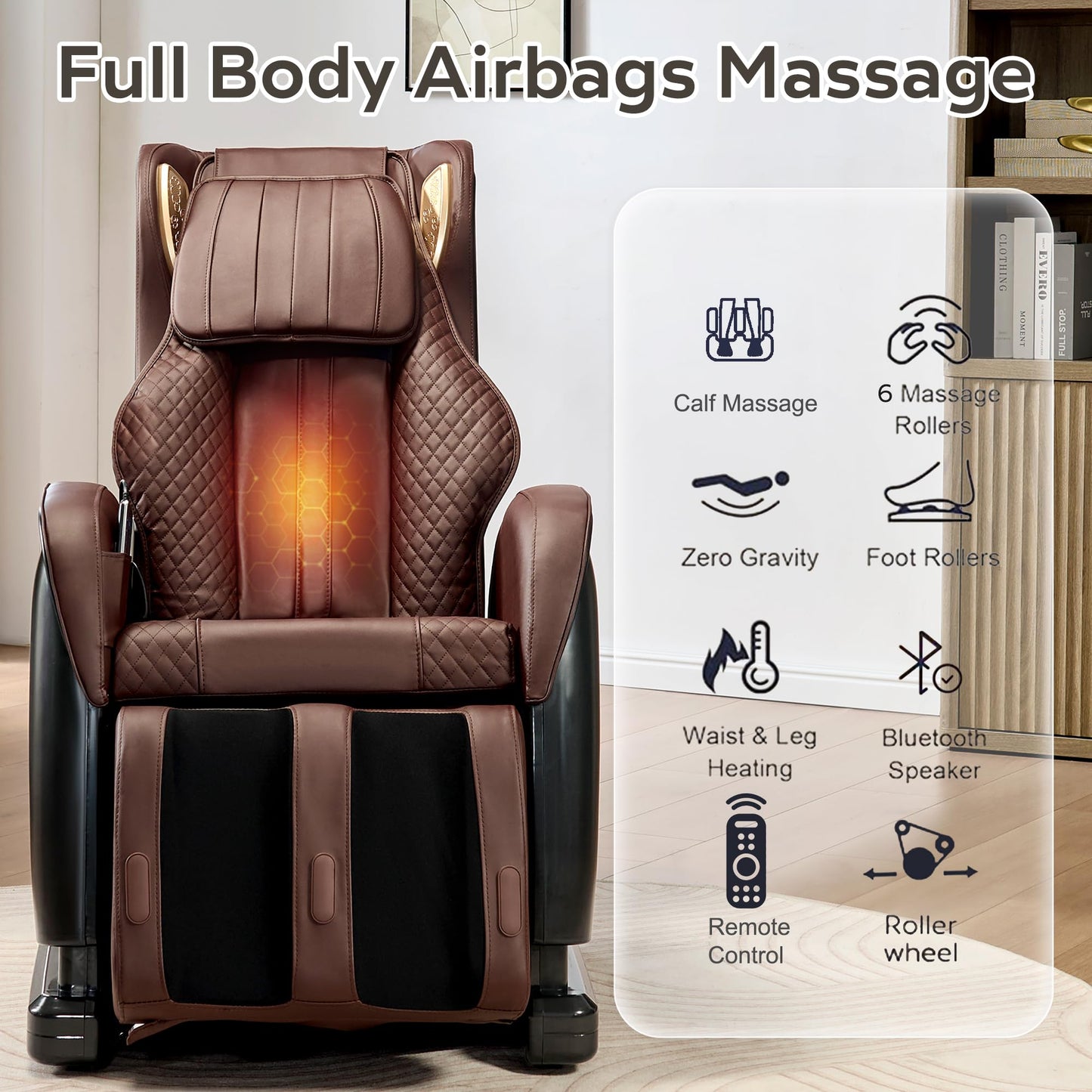 KEIKI 2026 Massage Chair Full Body, Zero Gravity Recliner, Upgraded Calf & Foot Rollers, Waist & Leg Heating, Bluetooth Speaker and Remote Control, Brown