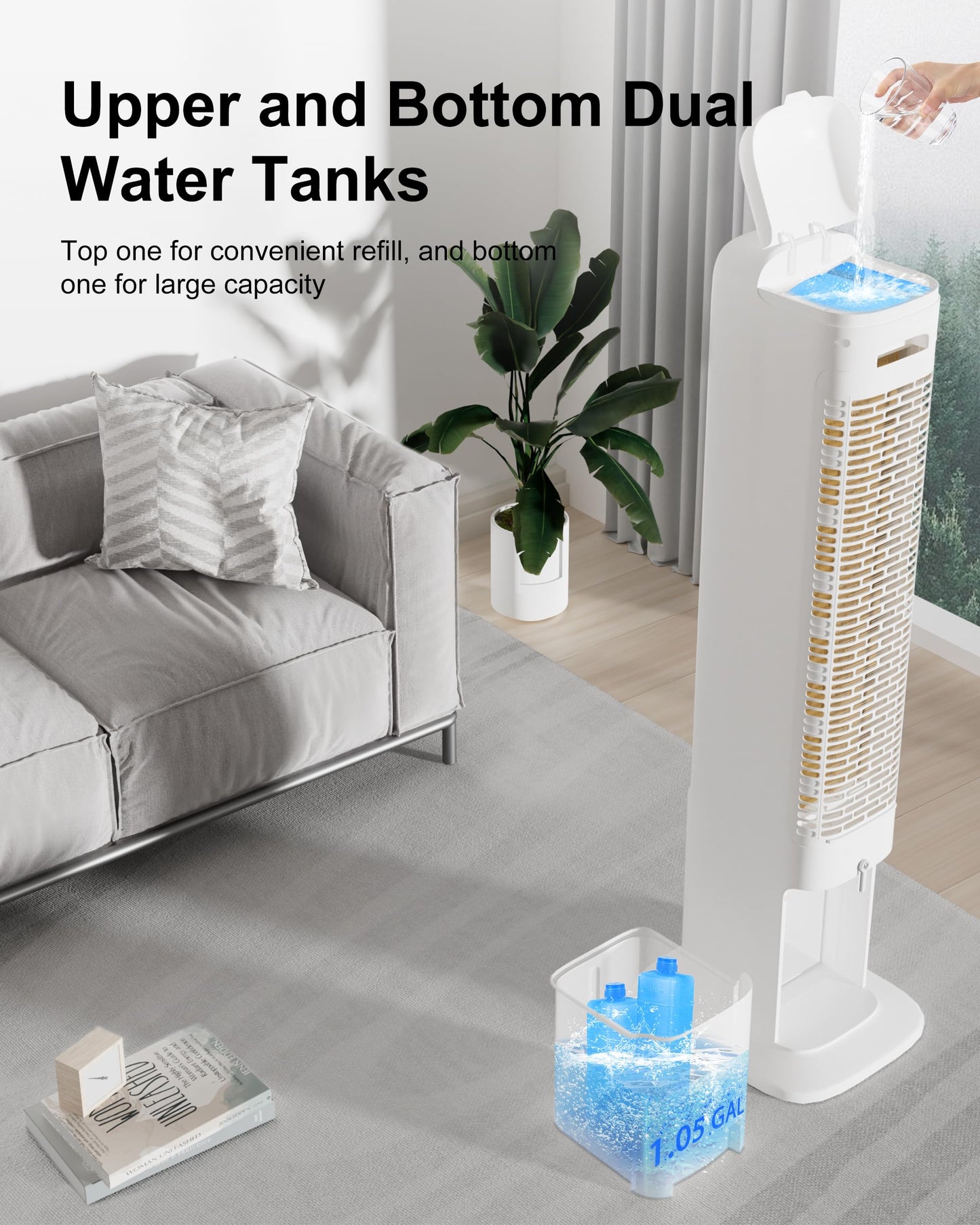 Uthfy 41 INCH Portable Air Conditioners, 3-in-1 Swamp Cooler with 120° Oscillation, 28ft/s, Cooling Fans that Blow Cold Air 4 Modes, 3 Speeds,4L Water Tank,4 Ice Packs, Off White