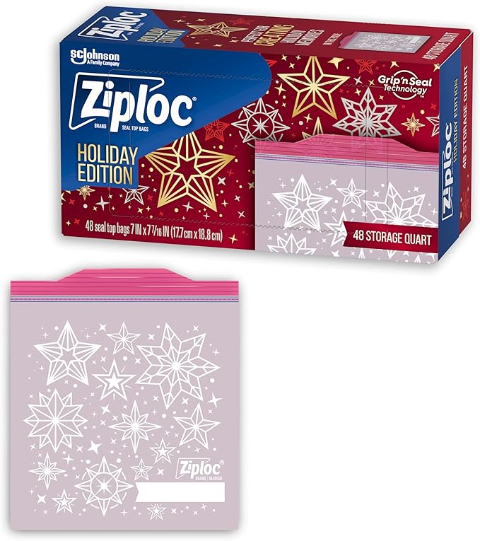 Ziploc Quart Food Storage Bags, Grip 'n Seal Technology for Easier Grip, Open, and Close, 48 Count, Holiday Designs, Packaging May Vary