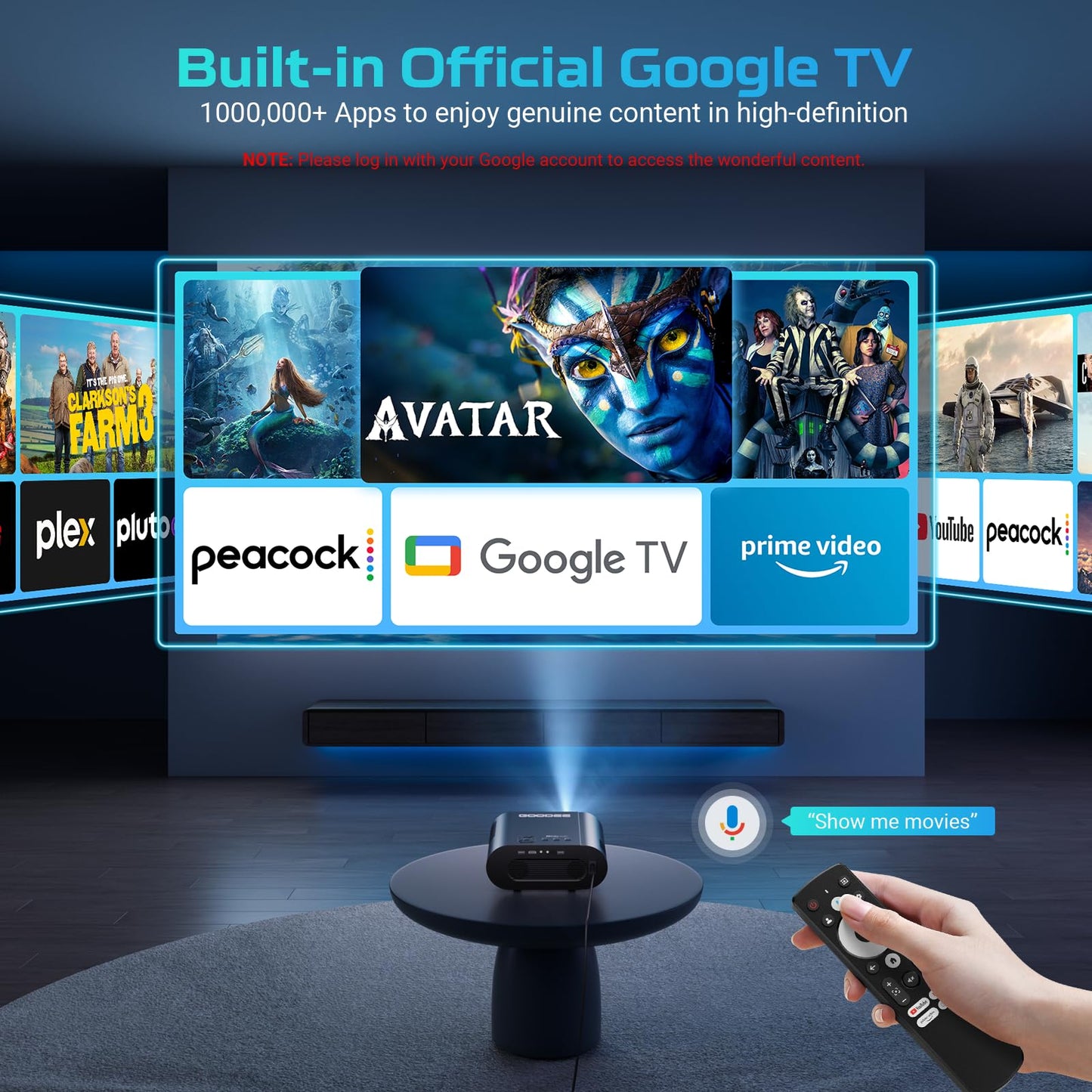 [Google TV/Voice Control]GooDee 4K UHD Smart Projector with WiFi and Bluetooth, Portable Movie Projector Applicable Netflix,Prime Video,YouTube Built-in, Dolby Sound Home Theater for Indoor/Outdoor
