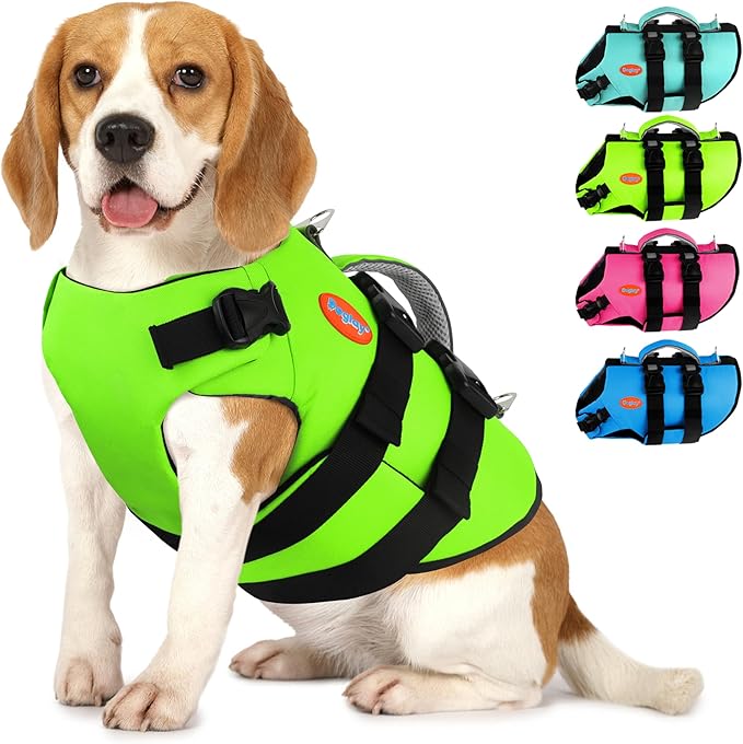 Doglay Dog Life Jacket Neoprene, High Buoyancy Dog Harness Life Vest for Swimming and Boating, Adjustable Swim Vest with R...
