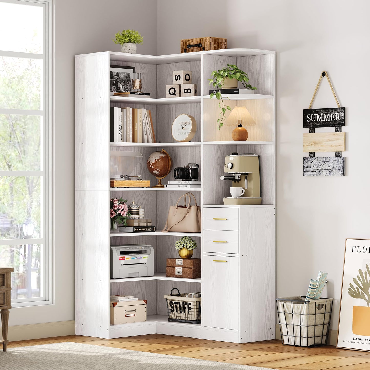 IRONCK Corner Bookshelf, 76" Tall Corner Bookshelves, 6 Tiers L-Shaped Bookcase with 10 Open Shelves and 2 Storage Drawers for Living Room or Home Office