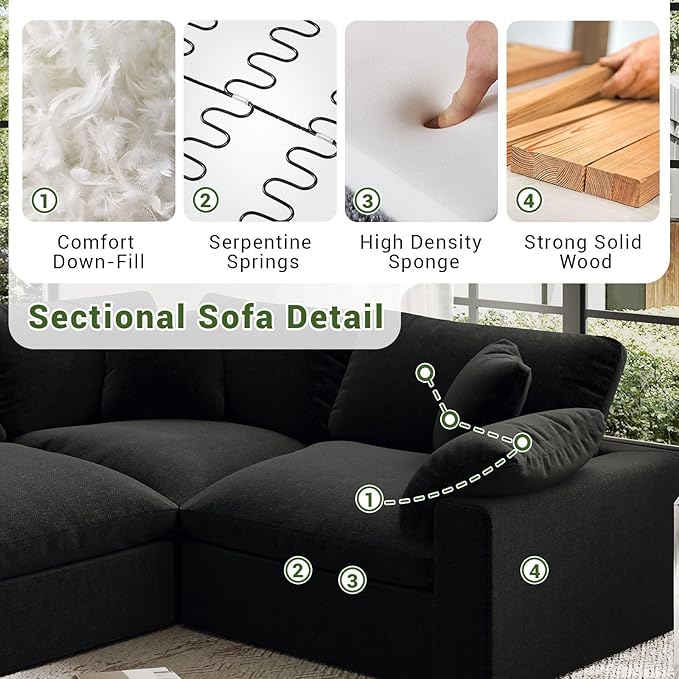 Intuition Decor Cloud Modular Sectional Sofa,189.4" Down Filled Sofa 4 Seat with Chaise,Minimalist Sofa Cover Washable and Replaceable Couches for Living Room,Sectional Sofa Deep Seat Black