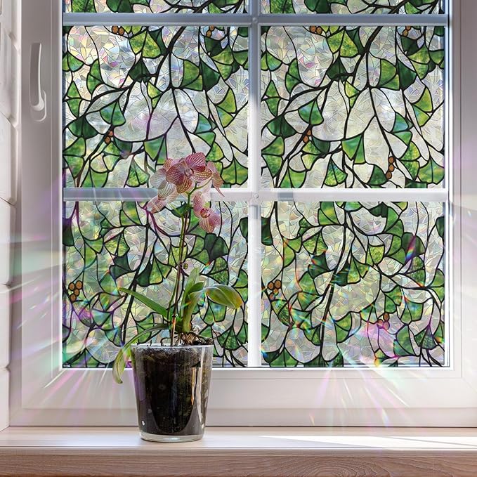 Rainbow Window Privacy Film Stained Glass Handmade Design for Bathroom, Ginkgo Leaves, 118.11'' x 29.52''