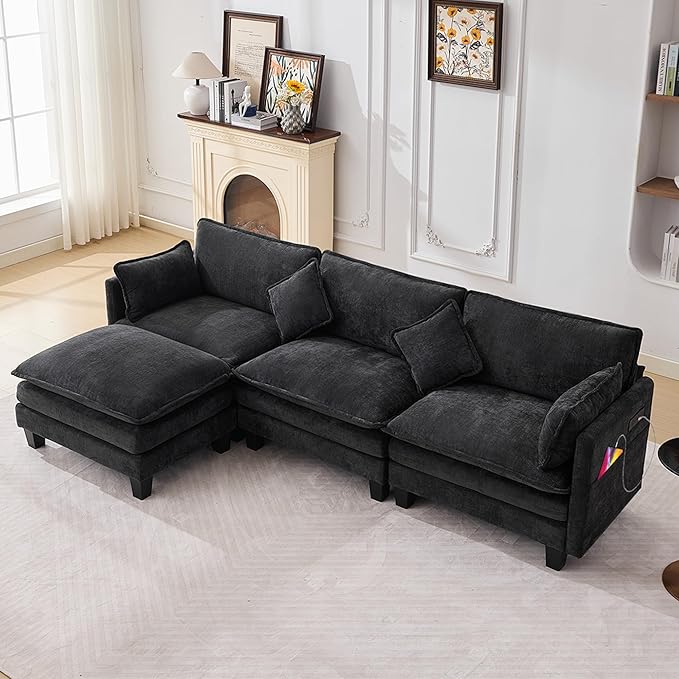 Opiesit 108" Modular Sectional Couches for Living Room with Ottoman, L Shaped Cloud Couch with Charger, USB & Type-c Port, Comfy Sofas with Deep Seat, Chenille Fabric, Black