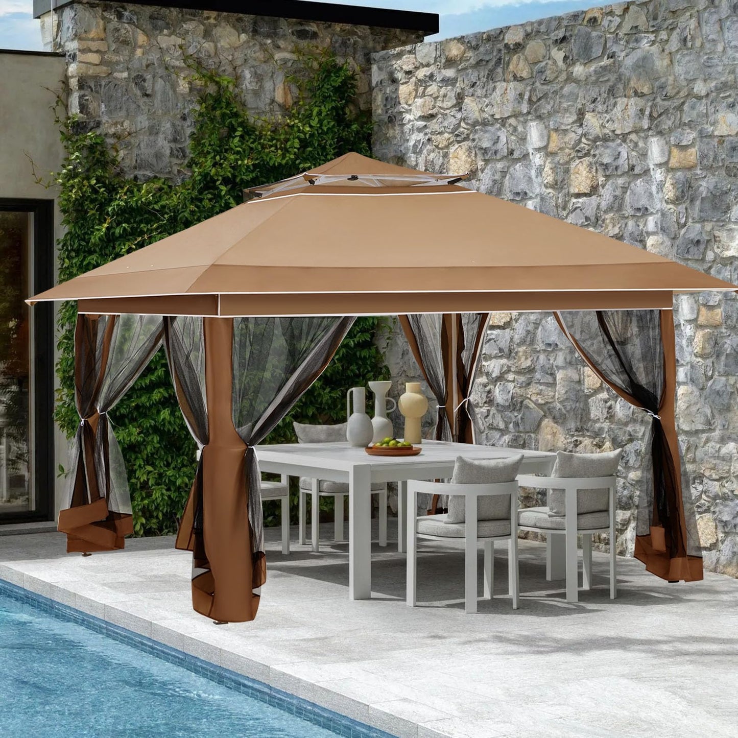 ECOTOUGE 12FT Pop Up Tent Canopy, Waterproof Canopy with Net and UV Resistant, Sidewalls Instant Shelter Gazebo with Carrying Roller Bag for Garden, Grill and Backyard (Brown)