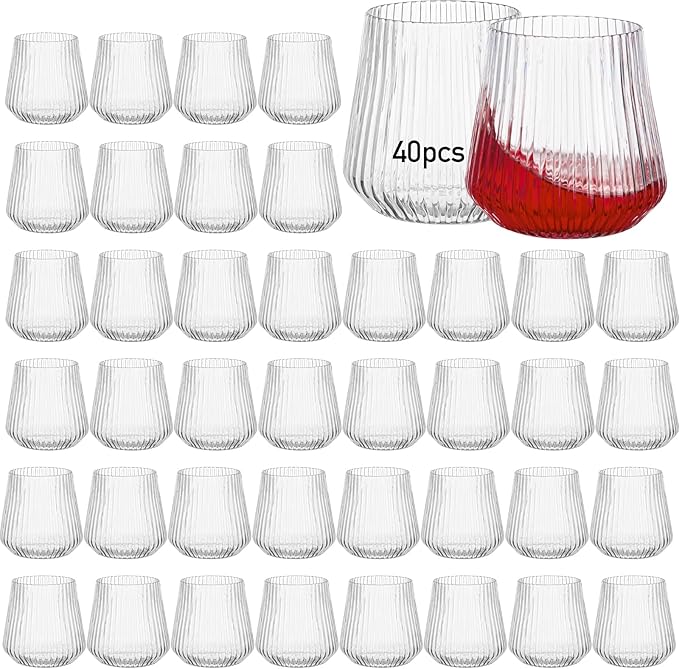 eventpartener 40 Pcs Disposable Stemless Wine Glasses, 12OZ Plastic Wine Cups, Origami Style Unbreakable Drinking Glasses,...