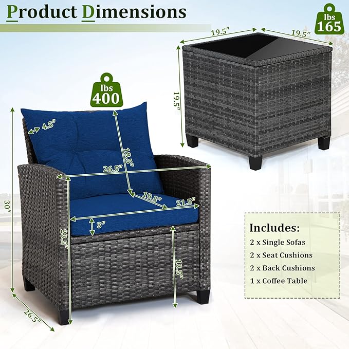 RELAX4LIFE Wicker Patio Furniture Sets - 3 Pieces Patio Rattan Sofa Set, Outdoor Conversation Set with Tempered Glass Tabletop, Heavy-Duty Steel Frame, Wicker Chair Set for Poolside, Backyard, Navy