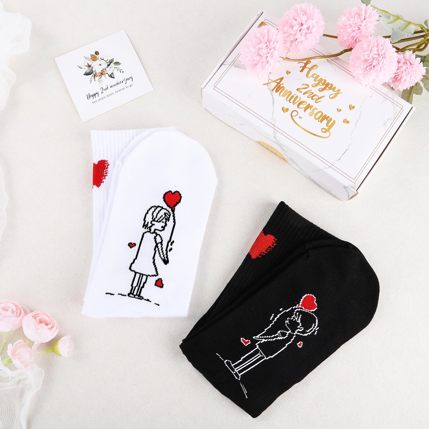 EcoUtens 2nd Anniversary Cotton Gift Set – 2 Pairs of Romantic Cotton Couple Socks with 2 Years Anniversary Card & Gift Box for Couples, Him, Her, Husband, Wife