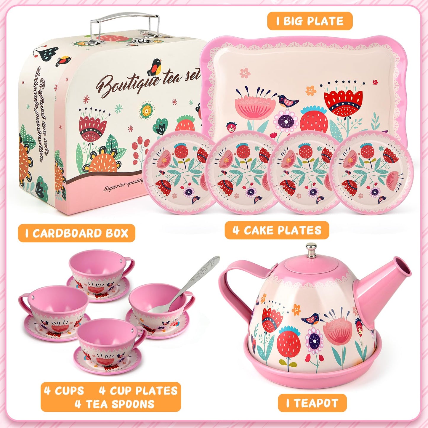 Tea Party Set for Little Girls, Flower Tea Set Toys for Girls Age 3 4 5 6 Year Old, Toddler Kids Kitchen Pretend Play Toys with Tin Tea Set, Cake Stand, for Girls
