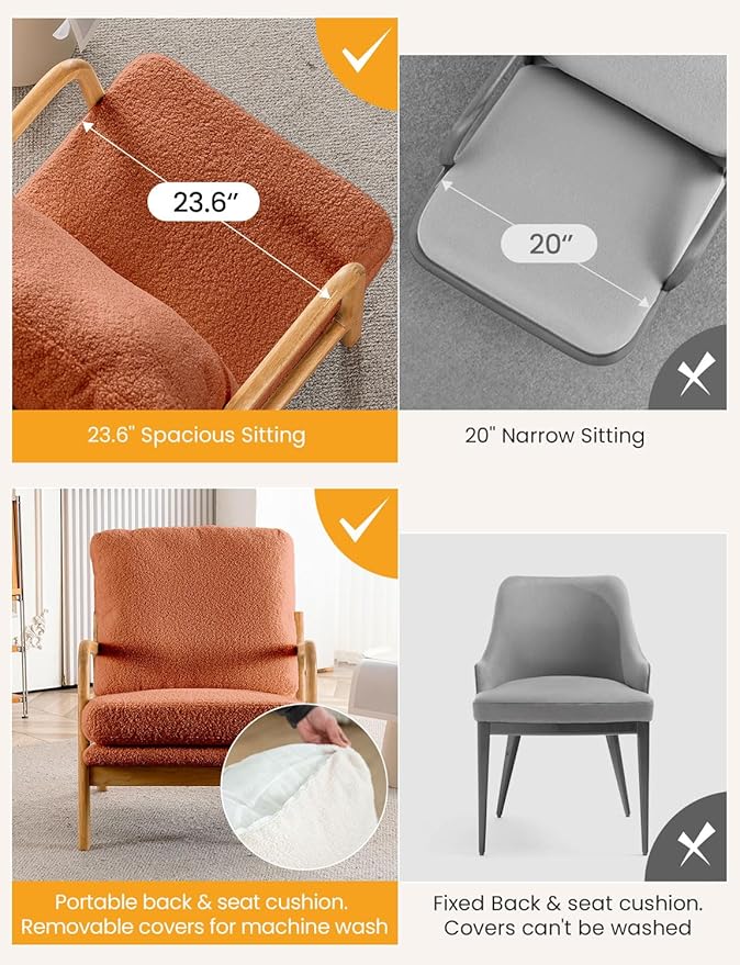 Mid Century Modern Accent Chairs for Living Room, 23” Wide Comfy Chair for Bedroom, Small Cozy Sherpa Reading Chairs for Adults, 108° Lounge Arm Chair Indoor with Detachable Cover, 5.5" Foam Cushion